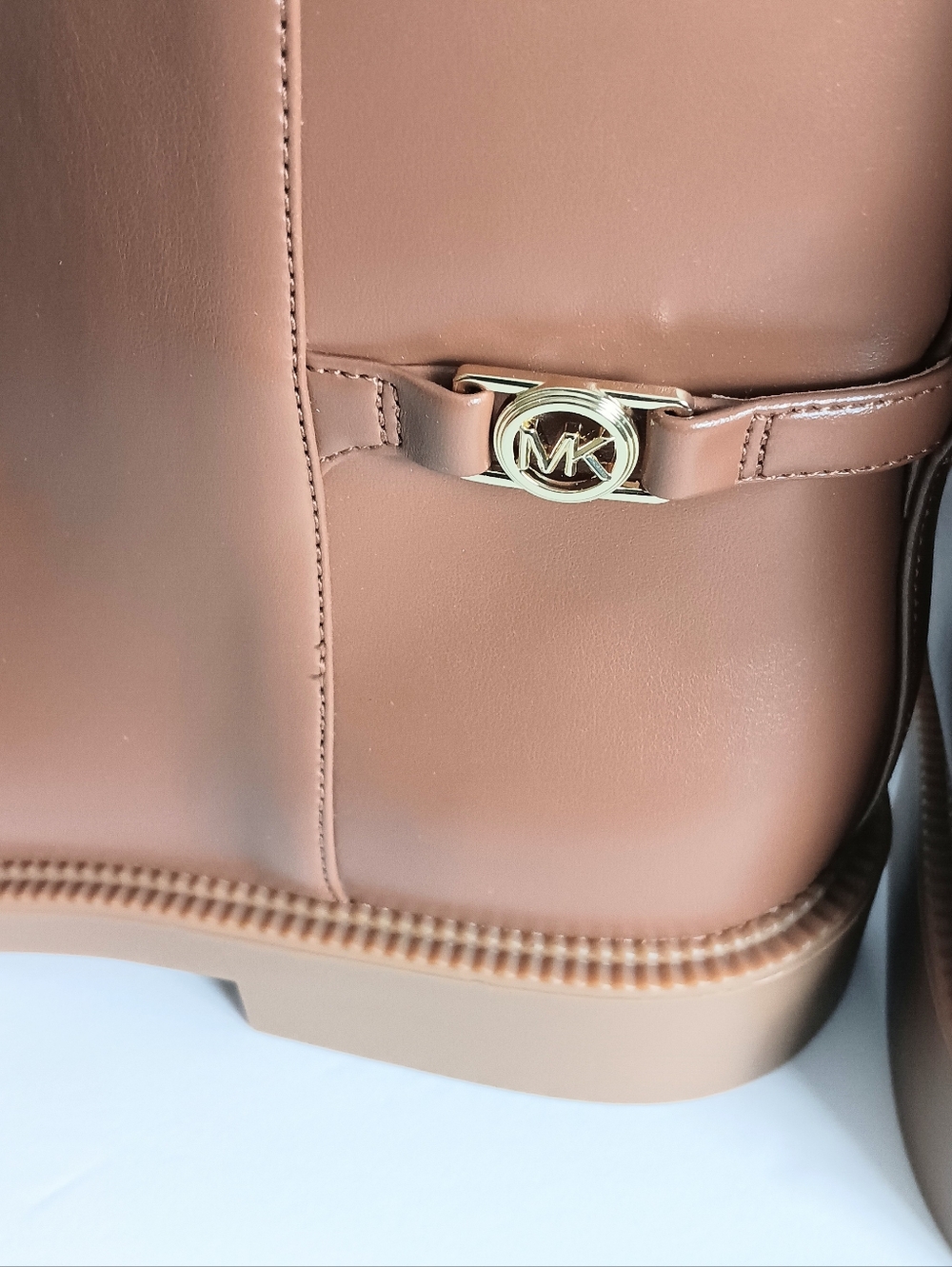 Michael Kors Women Cognac Leather Ankle Boots with Gold MK Accent - Picture 5 of 7